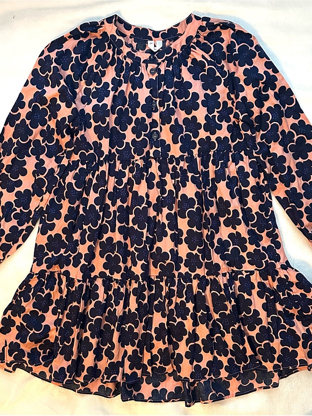 ARKET Sweden Organic Cotton Long Sleeve Flower Dress Navy Blue Peach Girls 9-10 - Picture 2 of 9